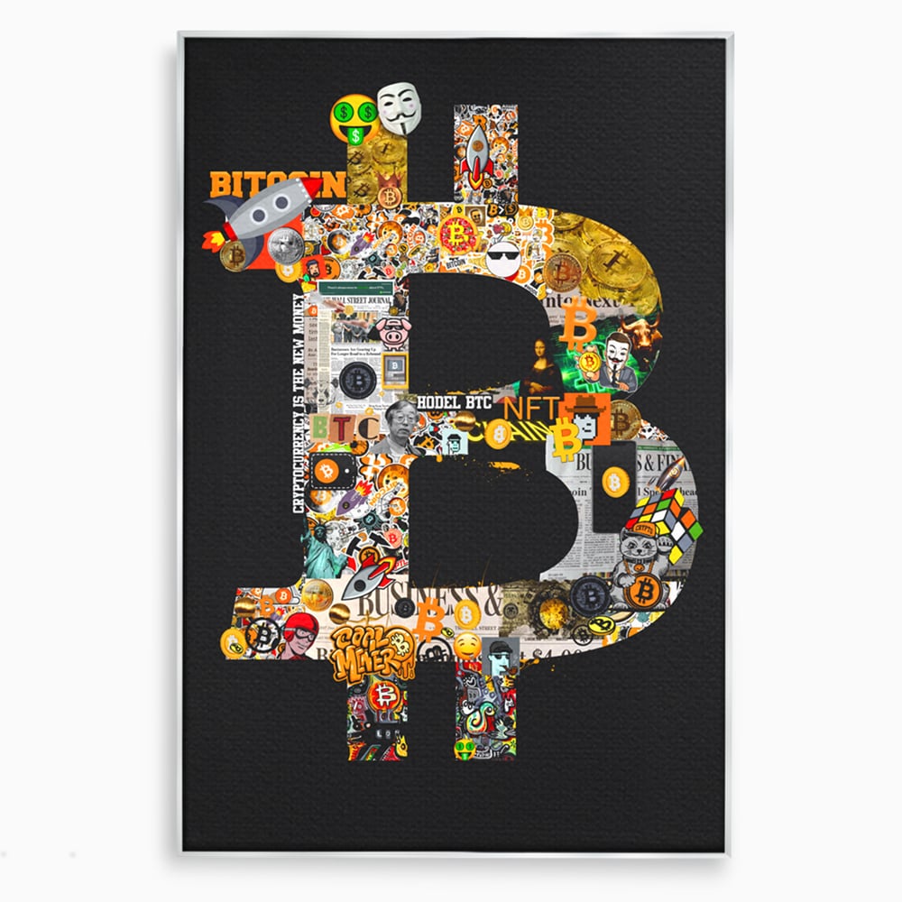 Tablou canvas cu tablou canvas cu simbolul bitcoin din colaje, in rama de aluminiu argintiu